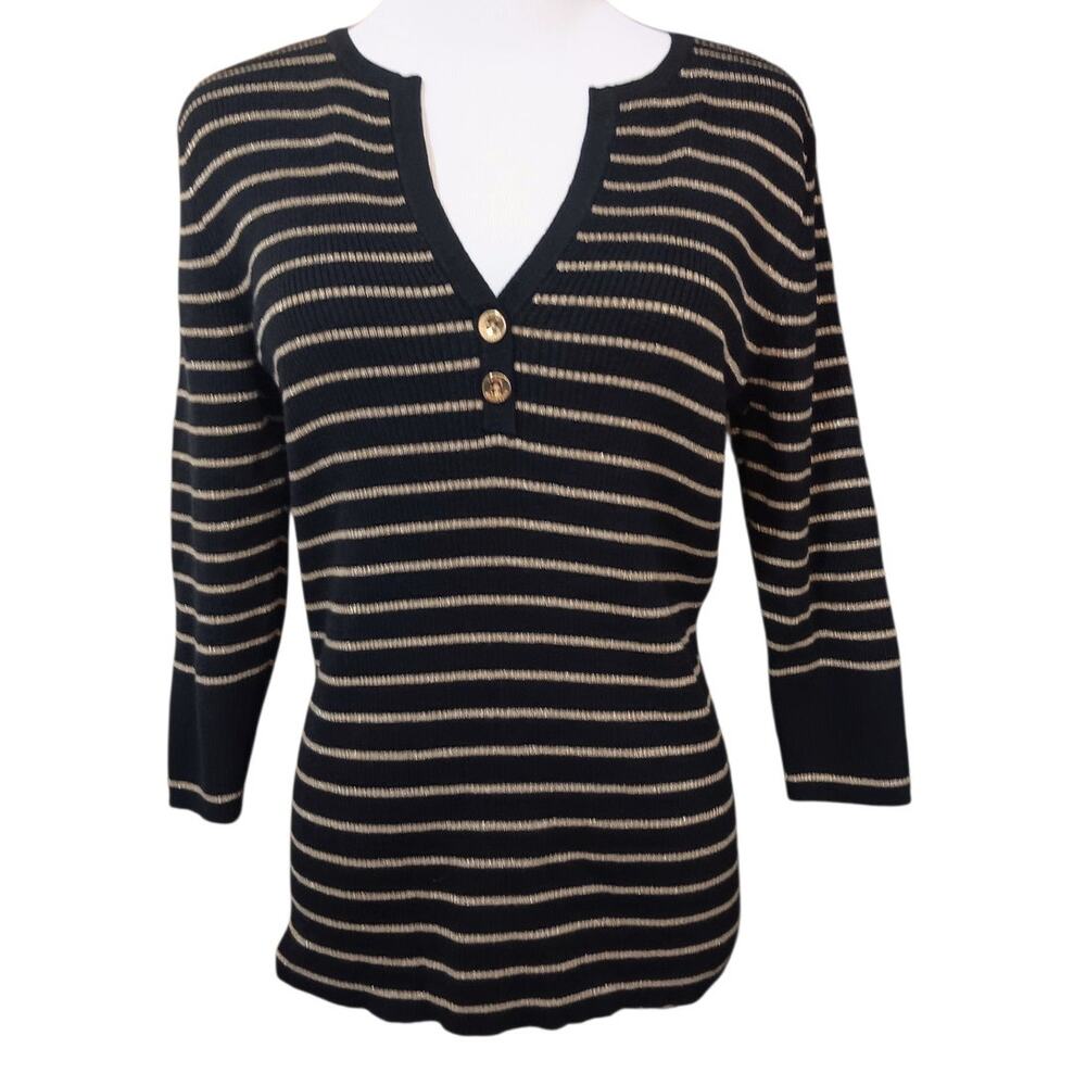 RALPH LAUREN Sweater Large PETITE Black Gold Stripes VNeck Casual Career Classic